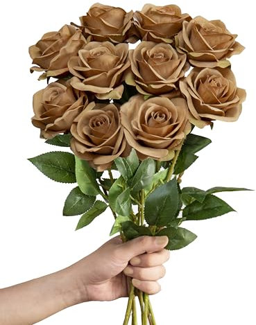 LEUCHTAMOR 10 Stück Künstliche Rosen 54cm Fake Seidenrosen Langer Stiel Realistische Rosen für DIY Bastelblumen Hochzeits Brautsträuße, Arrangements, Party und Heim Dekor(Kaffee)