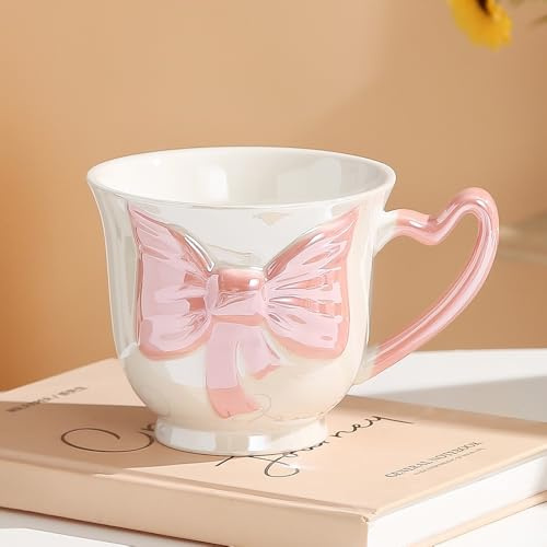 VollfitYYu Niedliche Kaffeetasse 450ml großer Kaffeebecher süß Schleife Kakaobecher Milchbecher Porzellan Müslitasse Haferflockentasse für Frauen Mädchen Freundin Kollegin (Rosa)