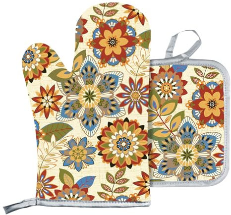 Oven Mitts and Pot Holders, Heat Resistant Extra Long Oven Gloves & Hot Pads for Cooking BBQ Grilling Baking Gift,Pioneer Woman Kitchen Accessories,Gifts for Women,Set of 2 (Bohemia)