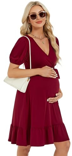 MODIURBAN Damen Umstandskleid V-Ausschnitt Sommer Kurzarm Stillkleid Umstandsmode hohe Taille Rüschen Schwangerschafts Kleid mit Gürtel Weinrot M