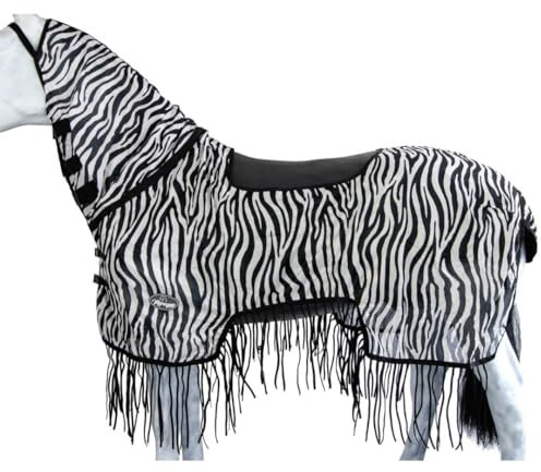 Marengos - Zebra Fliegenausreitdecke mit Fransen – Pferdedecke m. Sattelausschnitt & Halsteil – Schutz v. Insekten – feinmaschige Fliegendecke – Outdoorpferdedecke in Schwarz/Weiß – 155 cm
