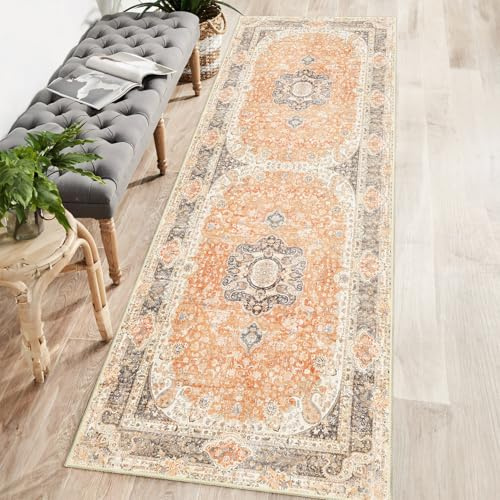 Castage Waschbarer Läufer Teppich 2x6, Boho Teppich Läufer Rutschfest, Lange Teppiche für Flure Küche Schlafzimmer Eingang Badezimmer, Vintage Böhmischer Abgenutzter Bauernhaus Bodenteppich, Retro