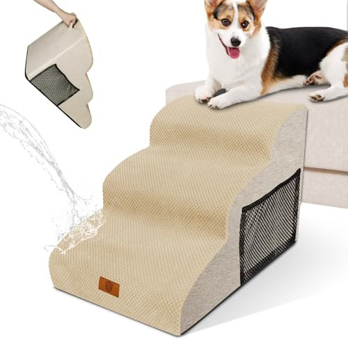 Zvonema Hundetreppe für Kleine Hunde, Hundetreppe 3 Stufen, Waschbarer Haustiertreppe aus Hochdichtem Schwamm, Wasserdicht Hunderampe mit Rutschfestem Boden, 60x40x40cm