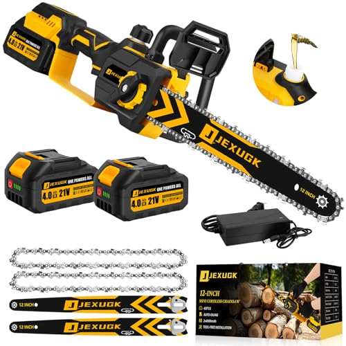 JEXUGK Mini motosega senza fili, 30,5 cm, senza spazzole, con 2 batterie ricaricabili da 4,0 Ah, 2 piastre guida, 3 catene per tagliare il legno e rami di alberi