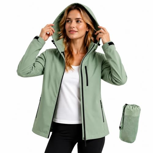 PYALT Regenjacke Damen 10000MM Wasserdicht Outdoorjacke Atmungsaktiv Übergangsjacke Leichte Jacke mit Kapuze Windbreaker zum Wandern Reisen Treking Fahrrad