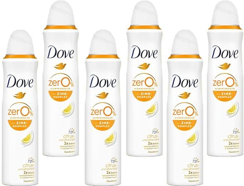 6x Dove Deodorant-Spray Citrus-und Pfirsichduft mit pflegendem Zink-Komplex 72 Stunden schutz Zero% Aluminiumsalzen Deodorant schützt vor Körpergeruch und Achselnässe,150 ml (6er Pack)