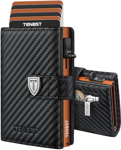 TENBST Ultradünne Geldbörse Herren, Portmonee Herren mit Münzfach & RFID Schutz, Premium Slim Wallet, Luxus Geldbeutel Kartenetui für 10 Kreditkarten, Geschenke zum Vatertag - Schwarz & Orange