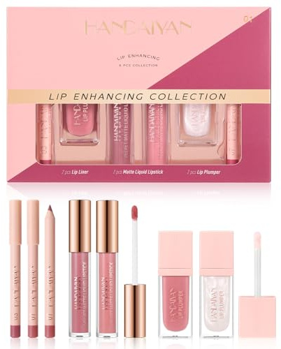 6PCS Lip Combo Set – Matte Liquid Lipstick, Lipliner & Lip Plumper Kit, Long-Lasting Moisturising Lipstick Makeup Gift Set for Fuller Lips, Nude & Pink Shades (# 01)
