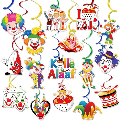 DPKOW 16Stk Kölner Karneval Hängedeko Spiral Wirbel Girlanden für Köln Karneval Deko Clown Hängedeko Luftschlangen Faschingsdekoration Köln Kölle Alaaf Dom Dreigestirn Clown Narrenkappe