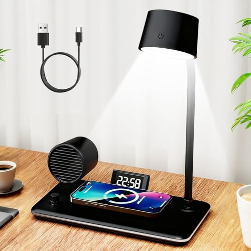 LTXDJ Desk Lamp with Wireless Charging, Dimmable with Bluetooth Speaker | Touch Contro LED Reading Lamp with Alarm Clock, Study Lamps Table Lights for Studying Working and Relaxing (Black)