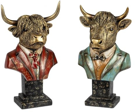 formano Dekofigur 2er Set Kuh Set Deko-Büsten - Polyresin 23 cm Handbemalt bunt - Tierfiguren im Gentleman-Look - Hochwertige Wohn-Deko & Geschenkidee für Wohnzimmer, Büro oder Landhausstil