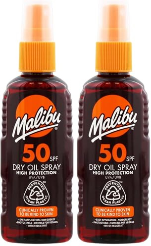 Malibu Sun SPF 50 Non-Greasy Dry Oil Spray for Tanning, High Protection, Water Resistant, 100ml (Pack of 2)