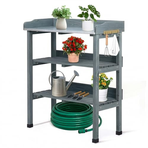LEADZM Pflanztisch Outdoor wetterfest 74x36x90 cm, Grau | Verzinkte Arbeitsplatte, zweistufiges Regal und 3 Haken, pflanztisch für Garten/Balkon/Terrasse