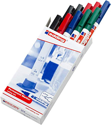 edding 404 permanent marker - zwart, rood, blauw, groen - 10 stiften - fijne ronde punt 0,75 mm - watervast, sneldrogend - wrijfvast - voor karton, kunststof, hout, metaal, glas