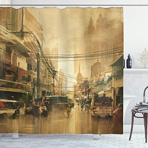 ABAKUHAUS Retro Duschvorhang, Stadt Street View, Stoffliches Gewebe Badezimmerdekorationsset mit Haken, 175 x 240 cm, Sand Brown