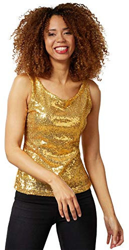 dressforfun Pailletten Top Damen, Glitzer Oberteile Damen, Pailletten Oberteil Damen, Disco Kostüm Damen, sexy Faschingskostüme, Party Oberteil Damen, Party Top, Galaxy Kostüm Damen - Gold, S