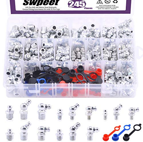 Swpeet 246 Pièces Kit d'Assortiment de Graisseurs SAE et Métrique - Raccords Hydrauliques Standard avec Bouchons Plastique (1/4, 1/8, M6 M8 M10) - Embouts Droits, Angulaires 90° et 45° pour