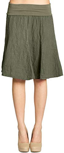 Caspar Damen Midi Sommer Leinenrock Knielang Sommerrock mit Stretch Bund - RO014, Farbe:Oliv grün, Mode Größe:L-XL
