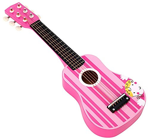SOKA Wooden Pink Striped Guitar Musical Instrument Pretend Play Music Toy Interactive Role Play Game Early Developmental Gift for Children Toddler Kids Boys Girls Ages 3 year old +