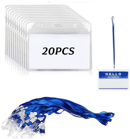 Portabadge,20 setdi Plastica Trasparente Nome Orizzontale Tag Distintivo Titolari di Carta, Porta Carta d'identità con Cordini Blu, Porta Badge Trasparente per Badge, Etichette, Carte