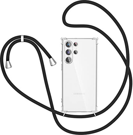 XTCASE Collier pour Samsung Galaxy S22 Ultra 5G Coque, Etui avec Cordon - Tour de Cou Lanière en Corde - Transparente Silicone Housse avec Cordage Lanyard Case, Noir