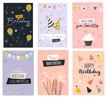 6 Premium Geburtstagskarten happy birthday 18x12cm - Klappkarten mit 6 weissen Umschläge, Karte zum Geburtstag Alles Gute Glückwunschkarten happy-birthday-Karten