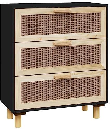 vidaXL Sideboard mit Schubladen Schrank Anrichte Beistellschrank Kommode Schubladenschrank Schwarz 60x30x70cm Massivholz Kiefer Natur-Rattan