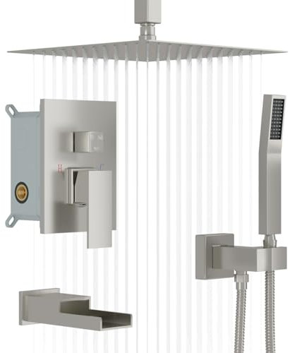 Lordear Duschsystem 40,6 cm Duscharmatur-Set, Deckenmontage, gebürstetes Nickel-Finish, Hochdruck-Edelstahl-Duschkopf und Hand-Kombination, Messing-Hauptkörper-Duschventil im Lieferumfang enthalten
