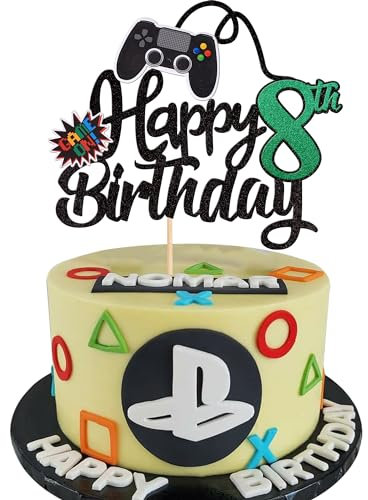 1 Stück 8th Videospiel Tortendeko Glitter Geburtstag Cake Topper Gaming Happy Birthday Kuchen Deko Videospiel Thema Cake Dekoration für Jungen Kindergeburtstag Spiel Thema Party Dekoration Grün