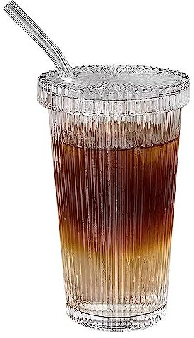 Bullpiano Gerippter Glasbecher,Vintage-Trinkgläser mit Strohhalmen und Deckel, 375 ml Eiskaffeetassen,Gläser im Origami-Stil,Glasbecher,Kaffeebar-Zubehör,Wassergläser,Eisteebecher