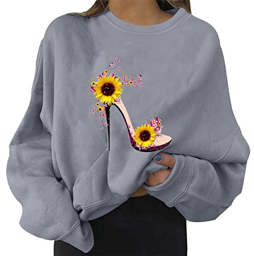 Hoodie Damen Oversize Langram Womens Daily Sunflower Print Sweatshirt Long Pullover Letter Print O Neck Printing Langarm Damen Skateboard Damenbluse Kleidung Damen Herbst (Grey, XL)