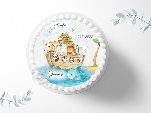 Tortenaufleger personalisierbar Arche Noah Taufe, ⌀20cm Zuckerbild, Foto für Torten, Fondant 5012T