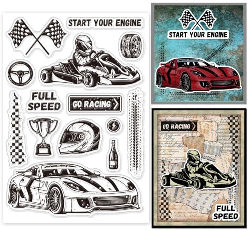 GLOBLELAND Rennwagen Kart Stempel Trophäe Gummi Klare Stempel Reifenspur Für DIY Scrapbooking Fotoalbum Dekorative Karten 6.3x4.33inch