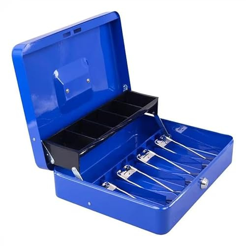 igadgitz home U7264 Caisse à Monnaie en Métal avec Clés, Plateau à Monnaie et Clips à Ressort, Cash Box - Bleu