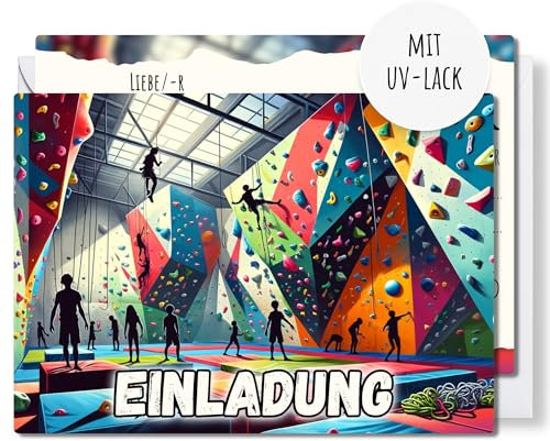 møij 12x EINLADUNGSKARTEN + passende Umschläge für Jungen & Mädchen Kindergeburtstag - coole Karten zum Bouldern und Klettern & UV-Lack