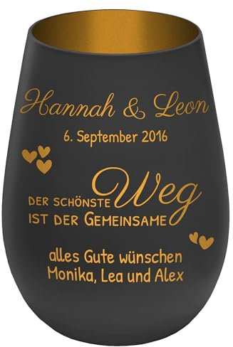 Windlicht mit Gravur ''Der schönste Weg'' - Schwarz/Gold - Teelichthalter personalisierbar mit Wunschtext - Geschenk zu Valentinstag Hochzeit Verlobung Jahrestag