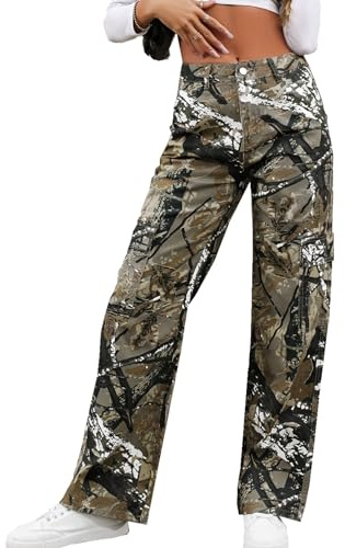 LifeShe Women Camo Cargo Pants High Waist Baggy Wide Leg Camouflage Army Fatigue Trousers Slim Fit Pocket Sweatpants