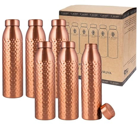 NORMAN JR Botella de Agua de Cobre 1L - Caja de Regalo de 6, Martillada, un recipiente ayurvédico hecho de cobre puro - le ayuda a beber más agua con muchos beneficios para la salud