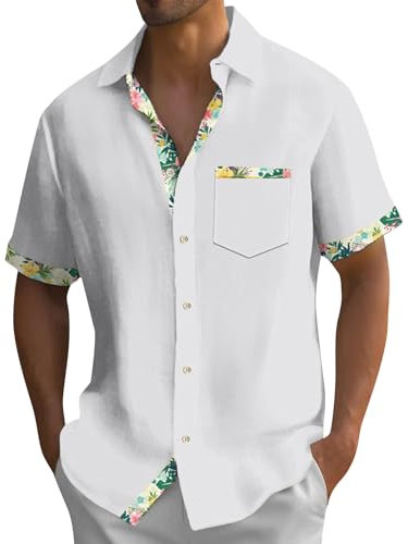 Chemisette Lin pour Homme - Chemise Hawaïenne À Carreaux, Col V, Manche Courte, Hawaiian Shirt, Noir, Blanc, Taille M