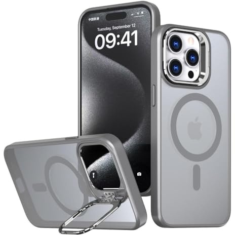 Kahper for iPhone 15 Pro Case Compatible with Magnetic, Built-In Camera Stash Metal Stand, Military Shockproof Protective Slim Cover Case for iPhone 15 Pro Magnetic, Translucent Matte Gray