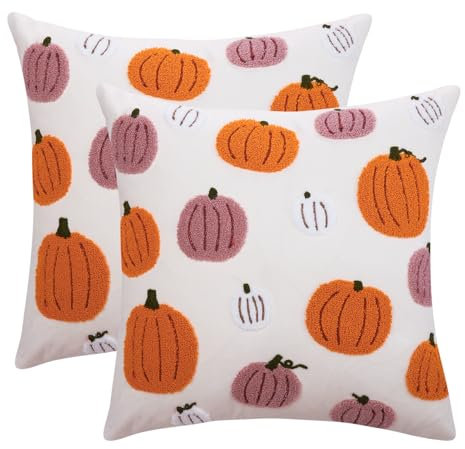 Tosleo 2 Stück Halloween Kissenbezug 50 x 50 cm Stickerei Tufting Orange Rosa Kürbis Thanksgiving Dekoration Sofakissen für Wohnzimmer Sofa Garten Schlafzimmer Outdoor Zierkissen Couchkissen