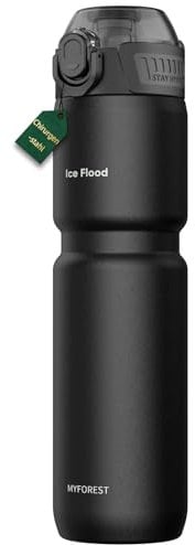 MYFOREST 0,7 Liter isolierte Fahrrad Trinkflasche, Chirurgenstahl: kein Plastikgeschmack, tiefe Delle/stärkerer Griff für MTB, großer/klein Schluck 2-in-1, Schmutzkappe/kratzfest (Mattes Schwarz)