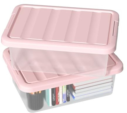 Ysmiltion 14 L Plastic Storage Boxes with Lids, Pink Stackable Under Bed Boxes for Home, Office, Bedroom Organization, 2 Packs