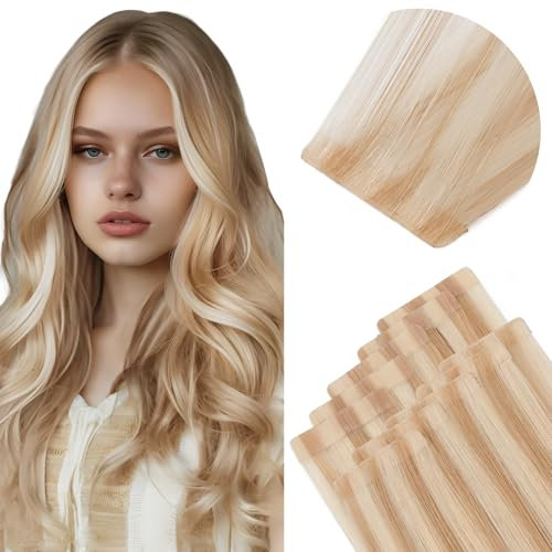 Elailite Injected Tape in Hair Extensions Human Hair - Invisible Skin Weft Remy Natural Real Hair Extension Straight 10 Pcs 20g - #27/613 Dark Blonde Mix Bleach Blonde - 12 Inch