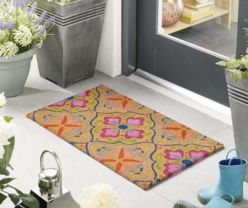 Lord of Rugs Paillasson antidérapant et durable en fibre de coco naturelle imprimée pour maison, entrée, intérieur et extérieur, terrasse, balcon, 45 x 75 cm, carreaux lumineux