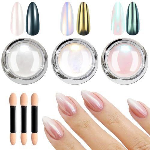 Pearl Chrome Nail Powder LEDSUUEI: 3Pcs White Aurora Nail Chrome Powders Ice Transparent Chrome Powder for Nails Glitter, Glazed Donut Pearlescent Magic Mirror Effect Pigment Powder - Diy Nail Art