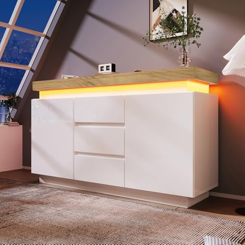 Sweiko Commode, Sideboard Buffet Brillant avec 2 Portes et 3 tiroirs, éclairage LED (App Control), Meuble Polyvalent pour Le Salon et la Chambre à Coucher (81 x 140 x 39 cm)