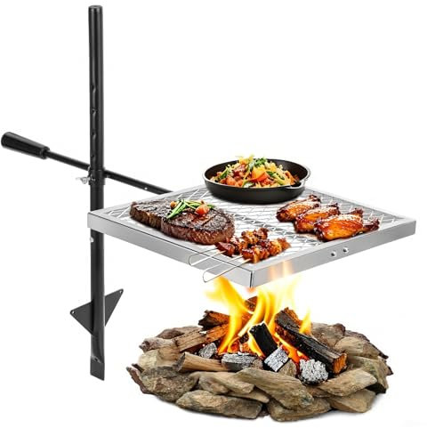 BiggerFire Swivel Campfire Grill 360° Adjustable Open Fire Grill Grate, Fire Pit Grill Grate over Fire Pits, Outdoor Cooking Equipment for Camping,Picnics Campfires,Storage Bag included