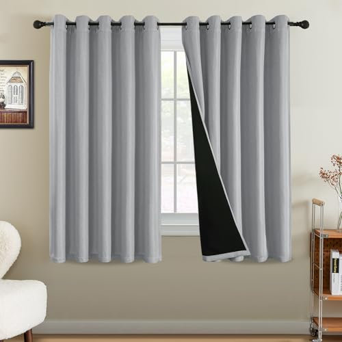 BellaHills 100% Blackout Curtains for Bedroom Thermal Faux Linen Curtain for Living Room Burlap Textured Eyelet Curtains & Drapes, 2 Panels, 66 x 54 Inch, Heather Grey
