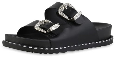 VAN HILL Damen Pantoletten Flach Nieten Bequem Schuhe 216844 Schwarz Robust 38